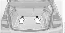 Für ISOFIX Kinderrückhaltesysteme mit oberem Haltegurt gibt es im Gepäckraum zwei zusätzliche Befestigungspunkte, siehe Pfeile. Zugang zu den Befestigungspunkten: jeweilige Abdeckung herausnehmen.